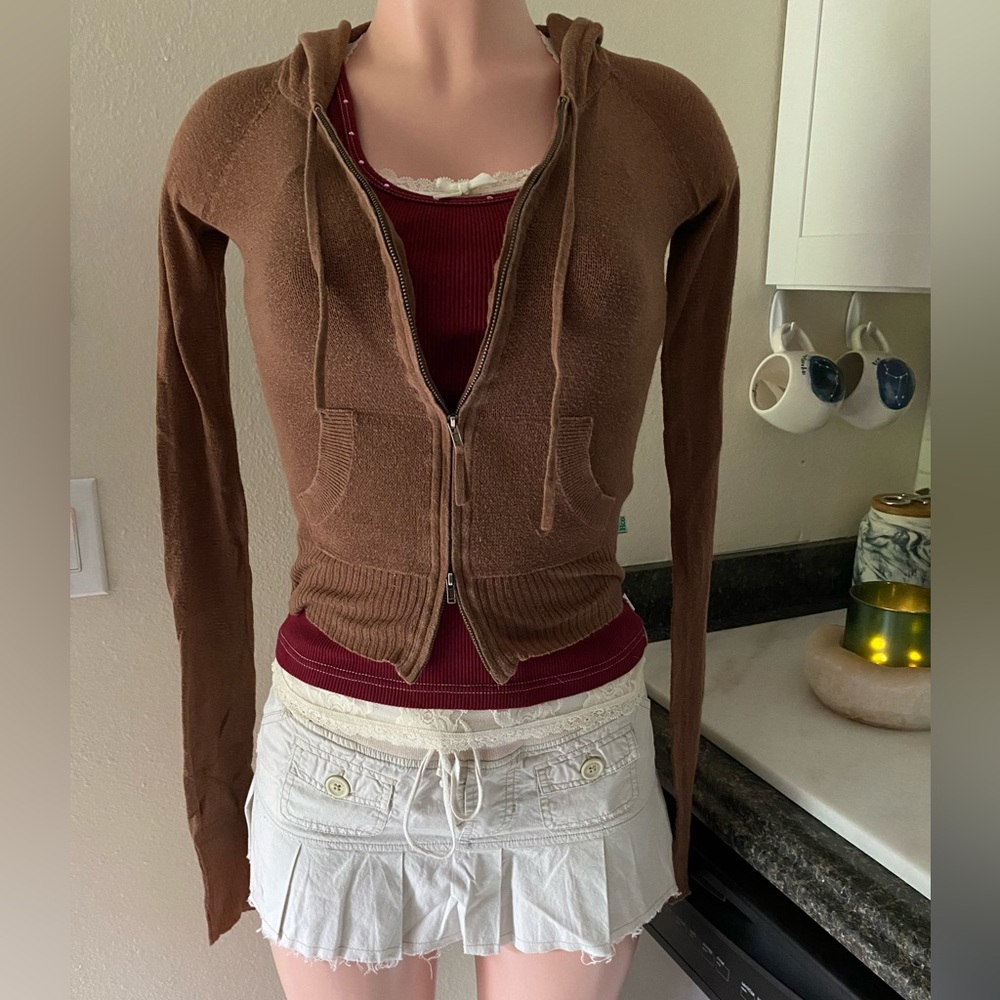 Y2k vintage Hollister brown lightweight mesh like double zip up hoodie.